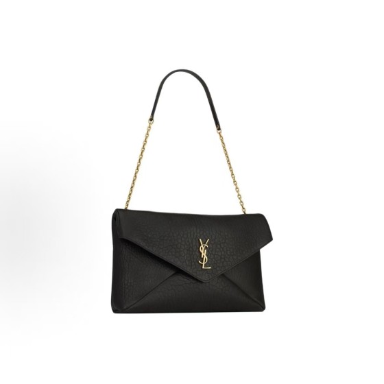 SAINT LAURENT YSL ENVELOPE, a gold metal accessory patchwork design envelope bag, crossbody single-shoulder bag, large size for women, black